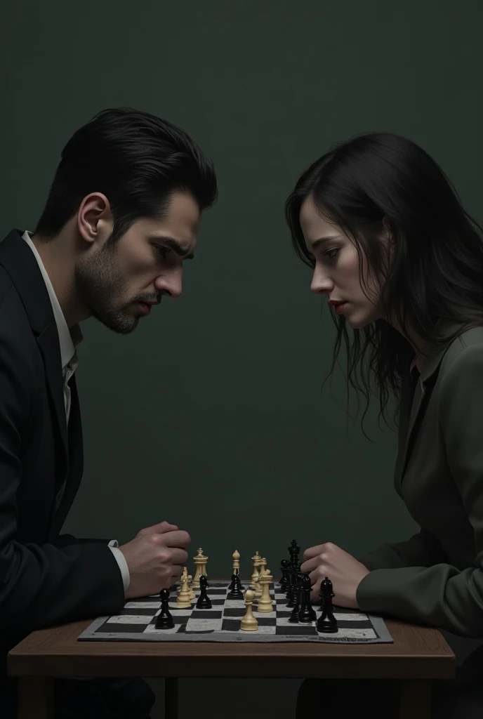 Man and woman are playing chess. Their eyes are sad