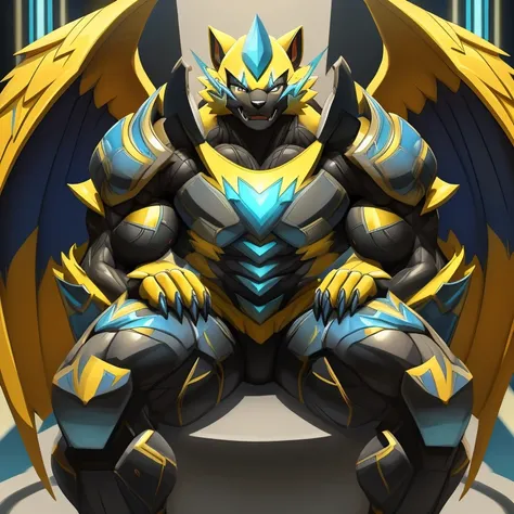 (zeraora, 8K), (zeraoras giant robot, Powered exoskeleton with the same design as zeraora), (Masterpiece, highres) (Detailed head, Detailed Body, Detailed abs, full body) (gigantic muscles, Gigachad Muscular, big muscle, pecs, triceps, traps, unusually dev...