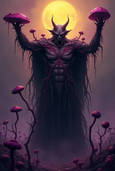 Apocalypse (fungal version ): "Crie uma ilustração HQ de Apocalypse em fungal version ,  with triumphant pose ,  arms raised as if commanding an army .  Use precise outlines with fine lines for small details ,  like veins in red and deep purple ,  thick li...