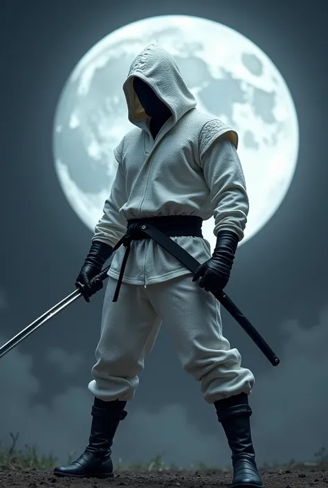 Full body photorealistic shots of handsome hunky slender Ninja Moon, wearing a white hooded scale textured tight fit Ninja suit, with gloves and belt and boots, in action, holding a shining katana.full moon as background 