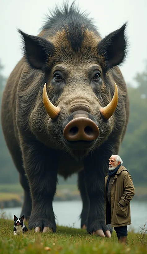  This years photo is a 16k close-up of(Big-fanged wild boar)(, a prehistoric )(giant)(((Very fat):5)And 2m tall ) with (An old man wearing glasses is leaning a dog.), . The background is a lawn area with a natural pond in the back. It is calm, cool. ,(Crea...