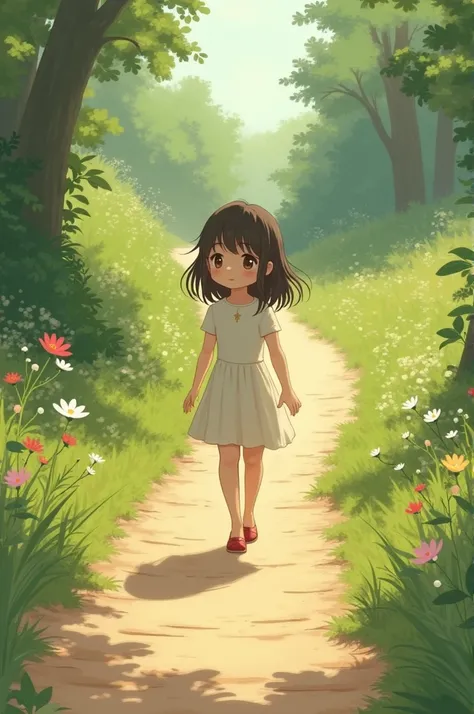 A small girl   walk on footpath