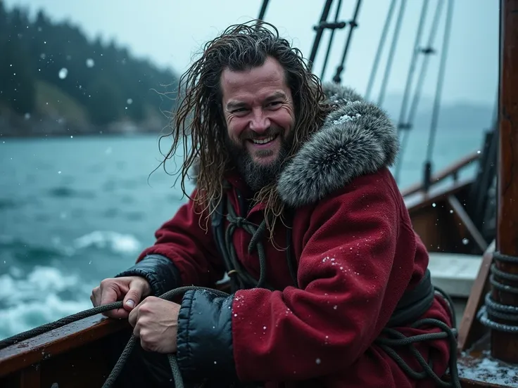 The red sea of Norway in a storm. He pulls the ropes, the snow hits him in the face, and he laughs. It’s dark, the wind is strong, his wet hair is blowing in the wind, as is his cloak. In the background there are mountains and a forest in the distance. His...