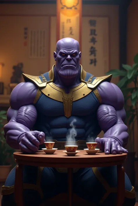 thanos sitting in a tea shop