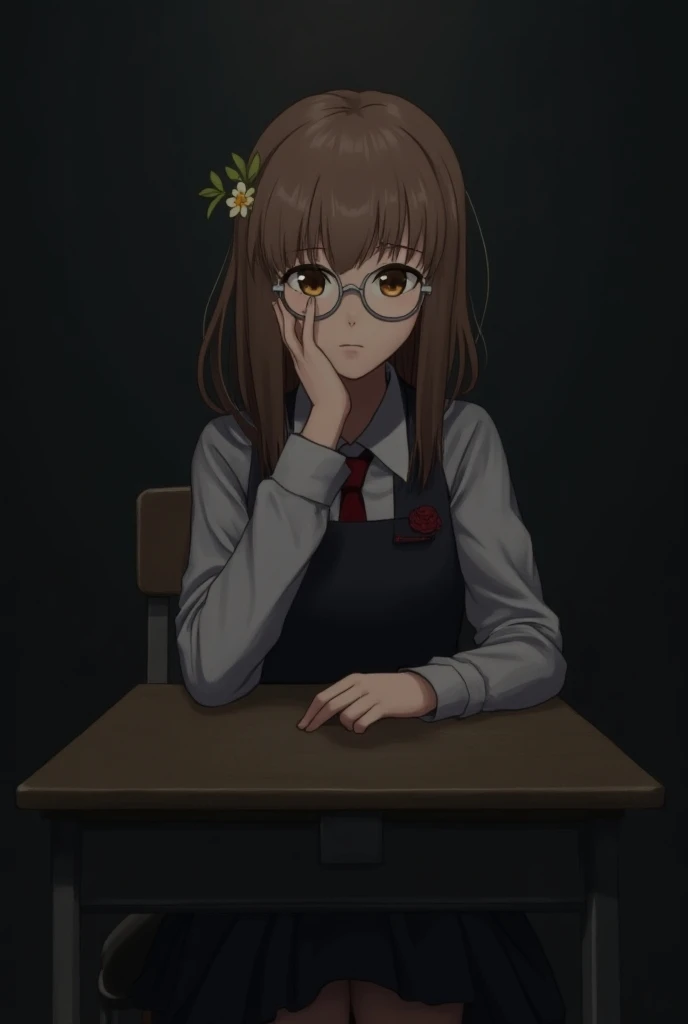  A Japanese girl sitting at her school desk , wearing her high school uniform ,  light brown hair, for a little long, light and opaque orange eyes ,  with white glasses and a small flower on her head,  the environment is dark and his facial expression is s...