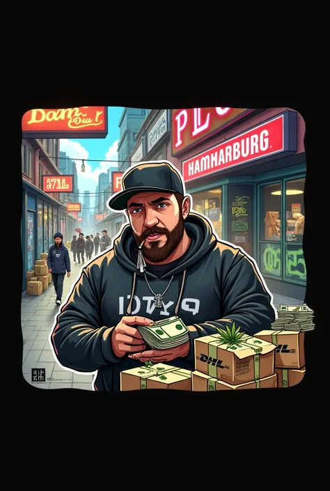 Urban Setting: Set in a graffiti-covered street with old, worn-out buildings. Neon signs with names and brands, like "Plug" and "hamburg," should be visible.
Character Design: The main character should be a man with a beard, wearing a black cap (like a NY ...