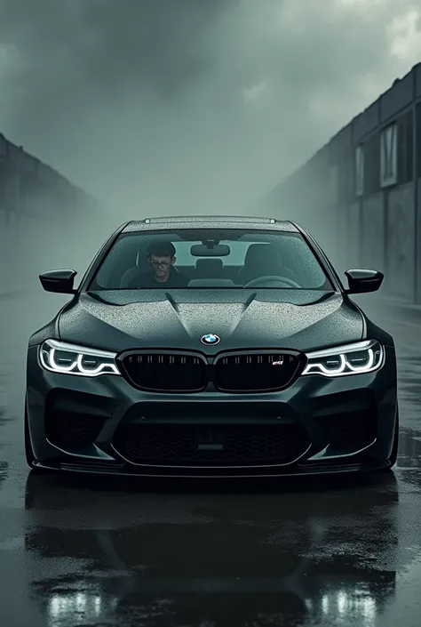 BMW M5 in black colour with a man and face coveredand an aggressive background