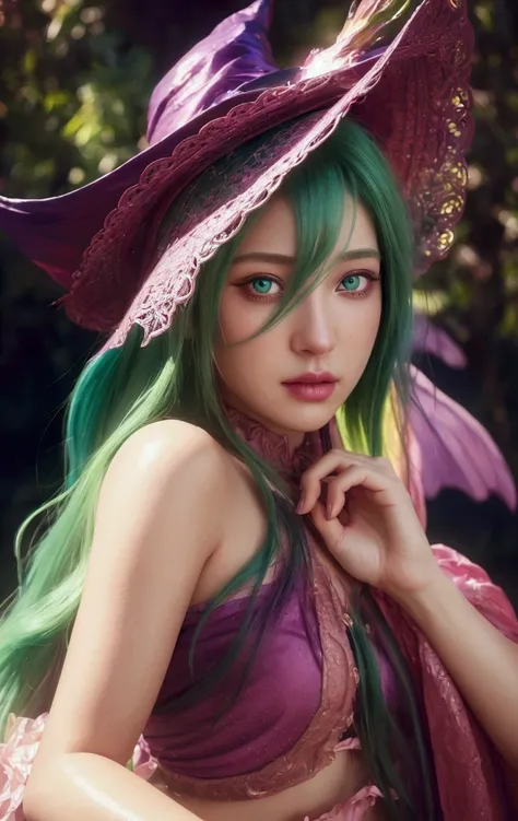 a beautiful young witch with long green and pink hair wearing a hat, magical girl, beautiful detailed eyes, beautiful detailed lips, extremely detailed eyes and face, long eyelashes, detailed fantasy character, colorful fantasy art, dynamic pose, intricate...