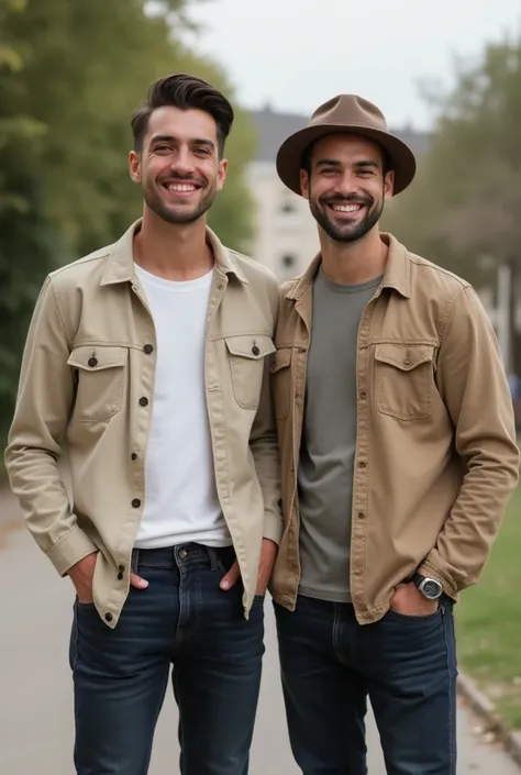  The brother On the left it looks elegant and polished , despite dressing casually ;  wears a light jacket over a collared shirt in neutral tones and dark jeans,  with an attitude of trust and distinguished bearing .  Their hair is carefully combed ,  and ...