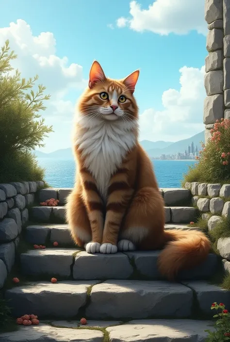  RAW Photos、 realism、Realistic、Cat on the Stone Steps、Three-haired cat、Old stone steps、 stone steps with a view of the sea、The city where the breeze blows 、 White Clouds 