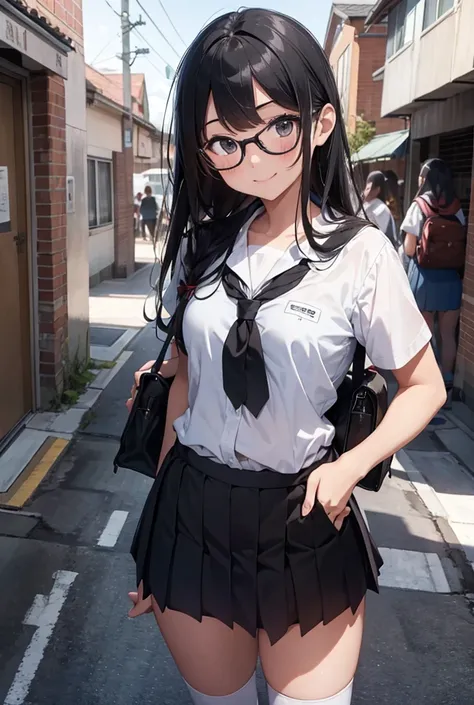 Girls, middle and high school students, black hair, straight, long uniforms, school classrooms, popular people, glasses, smiles