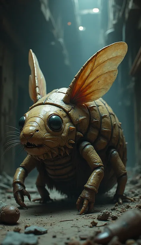 Design a monstrous hybrid creature that merges the traits of a cockroach and a hamster in a dark fantasy style. This creature has the bulky, rounded body of a hamster covered in a mix of matted fur and chitinous cockroach armor, with multiple jointed legs ...