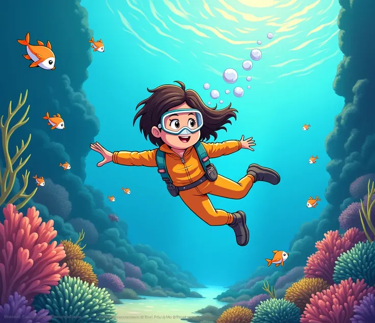 Wide shot) girl in her marine diving suit swims through a blue ocean filled with fish and coral reefs, comic style