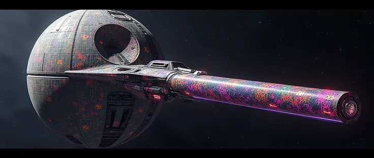 Death star with giant futuristic rifle barrel at the barrel, covered in rainbow batik pattern and glowing rainbow rune symbols