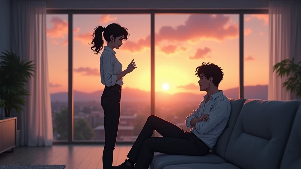 anime style: Incredibly realistic and highly detailed, realistic cinematic photo of 
In a minimalist living room with sleek furniture and large windows, a woman in her mid-30s, with dark curly hair tied back, stands near the edge of a grey couch. She’s wea...