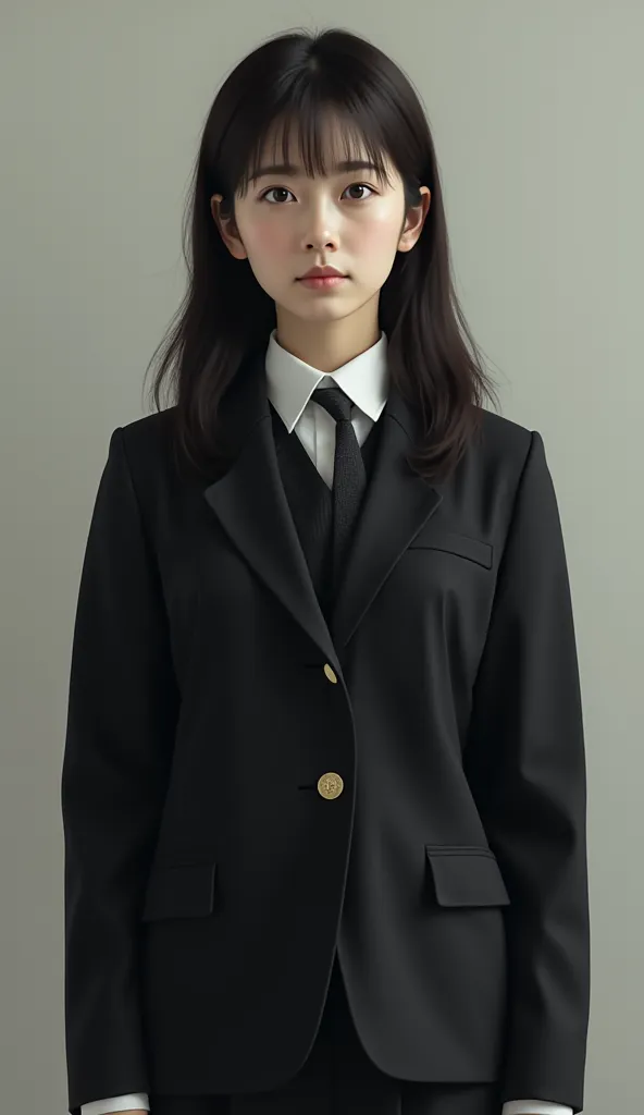 raw photos from the last century、 high school girl、show your whole body、  black school uniform 、 long straight black hair 、 cent...