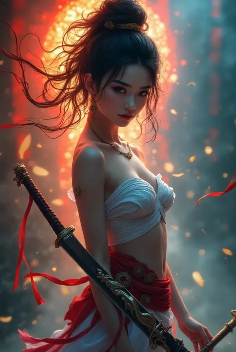    Surrealistic image of beautiful chinis with
sword woman with stunning textures and
lighting colorful,3d,cgisociety,thai line art ,thai
fine art    amazed by the light and colors.