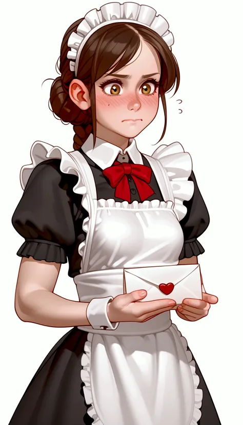 Kairunoburogu style, 8k, high resolution, white background, simple background, 1girl. small breasts, maid, standing, nervous, holding a letter
