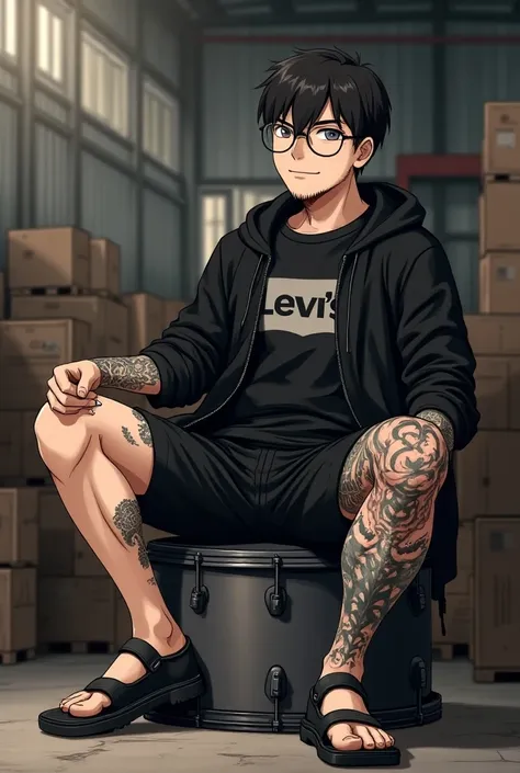 Draw me 2D anime image of a man weighing 90kg without muscles, wearing a detailed black T-shirt, detailed black long-sleeved Levis jacket, detailed black metal shorts, right leg full of full Mori tattoos, standing details, hands without black tattoos weari...