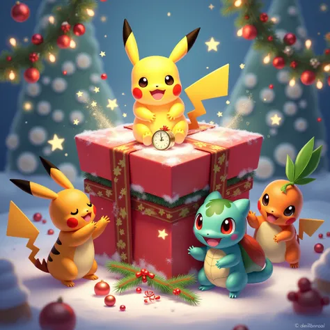 boite pokemon avec des décorations de Noel, avec des pokemon au tour de la boite