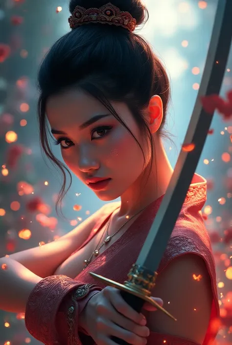    Surrealistic image of beautiful chinis with
sword woman with stunning textures and
lighting colorful,3d,cgisociety,thai line art ,thai
fine art    amazed by the light and colors.