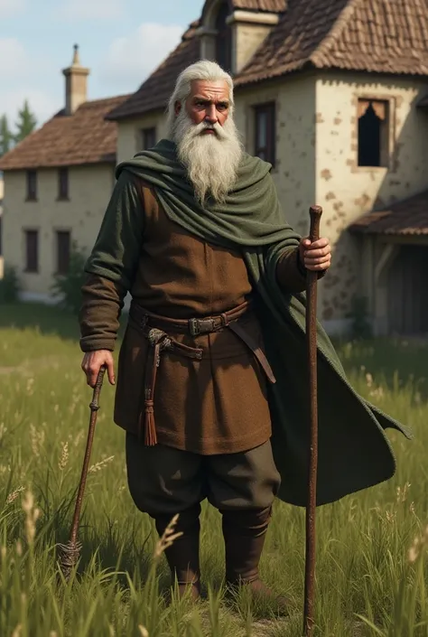 Man with 1st century tunic, long beard, hairy, strong, standing with a foise in his hand to cut grass, cold and calculating, long, white hair, beard, cold, He is cutting the grass around old houses. gta 6 style