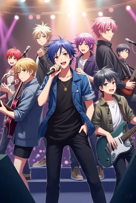 Make a image of some anime boy characters singing together like a band