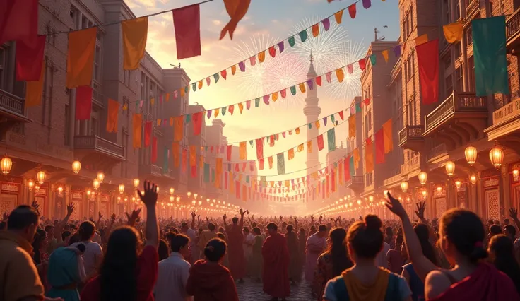 A very clear ultra hd dynamic image of "The people of the kingdom celebrate the birth of Princess Arya. There are colorful flags, lanterns, and fireworks in the streets as villagers rejoice in the good news."
