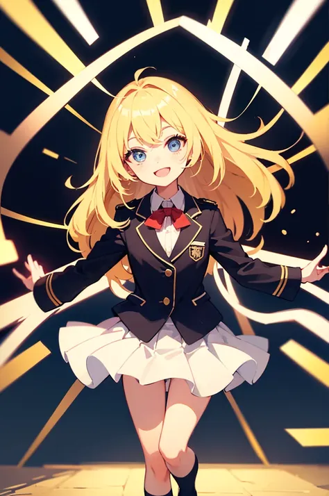 1girl in、A smile、Blonde、Depicting from head to foot、cute、 The body is facing forward、Eyes looking straight ahead、Mouth open、blazers、uniform、School、classroom、Skirt length short、whole body