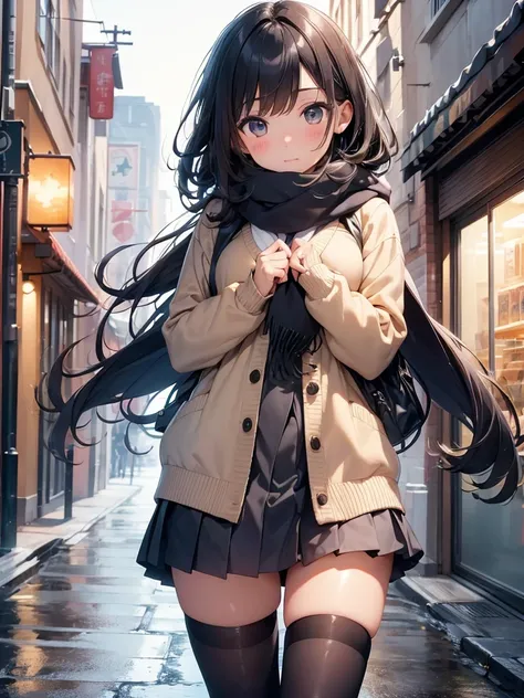 (((masterpiece,  Hi-Res, Best Quality,  anatomically correct,  high detail ,  Ultra High Definition,)))、kawaii、JK、Winter uniform、Around town、Cardigan、scarf、Put your fingers on a scarf 、scarf with a harpoon、（Looking up）、My cheeks turn bright red 、 short ski...