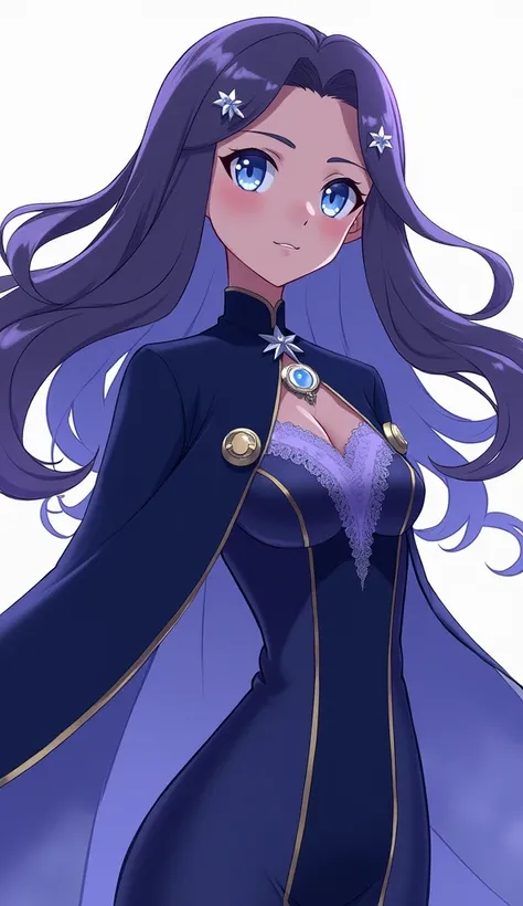 masterpiece, best quality, official art, Pokemon style, anime art style

Character details:
- Young woman in her mid-twenties, 168cm tall
- Long straight hair in deep purple-black with soft waves, reaching past shoulders
- Gentle clear light blue eyes with...