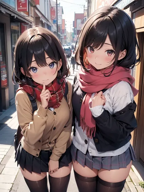 (((masterpiece,  Hi-Res, Best Quality,  anatomically correct,  high detail ,  Ultra High Definition,)))、kawaii、JK、Winter uniform、Around town、Cardigan、scarf、Put your fingers on a scarf 、scarf with a harpoon、（Looking up）、My cheeks turn bright red 、 short ski...