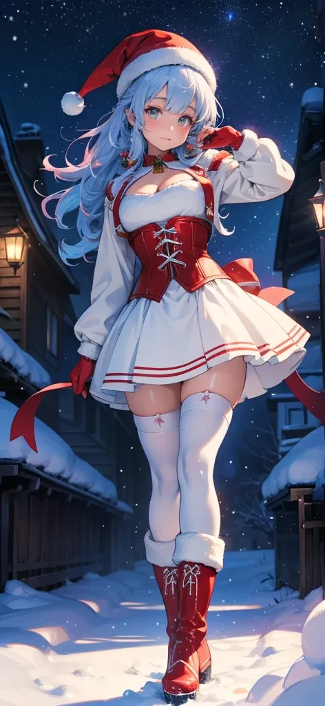 a beautiful young magical girl with medium sized breasts, cleavage, tight red corset, red knee-length shirt with white fluffy hem, red santa hat with small bell at the end and fluffy white rim, white stockings with thigh-high red leather high-heeled boots,...