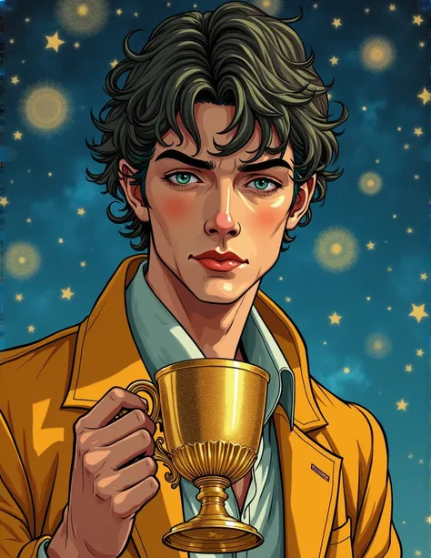 Manara inspired illustration of insanely handsome gentleman holding a golden cup. He’s got expressive and persuasive eyes, and his hair is short and dark brown and green and cyan. His skin is sun tanned and is legs are strong. He’s wearing Klimt inspired c...