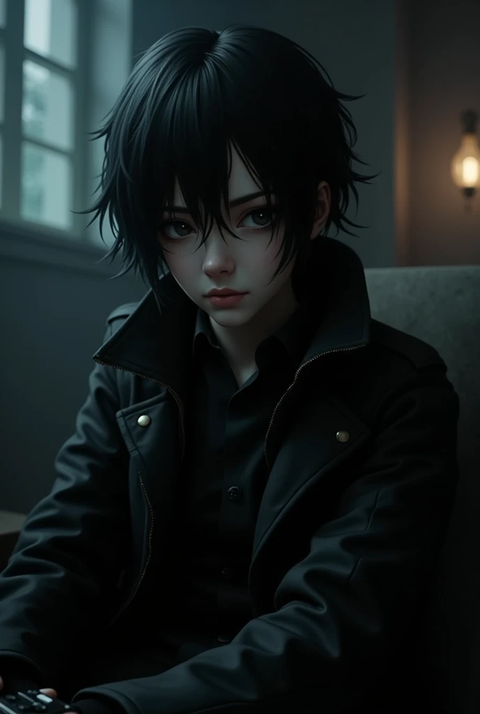 A gothic gamer with black hair and a black jacket 