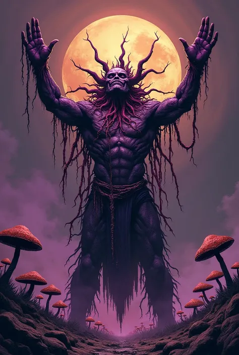 Apocalypse (fungal version ): "Crie uma ilustração HQ de Apocalypse em fungal version ,  with triumphant pose ,  arms raised as if commanding an army .  Use precise outlines with fine lines for small details ,  like veins in red and deep purple ,  thick li...