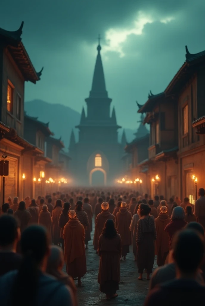 In  cinematic 3d cartoon style "The Atmosphere of Fear in the Village**  
*Villagers are gripped by fear and anxiety. They pray for a divine force to save them from this tyranny. Temples echo with devotional songs, and calls to God resound everywhere."