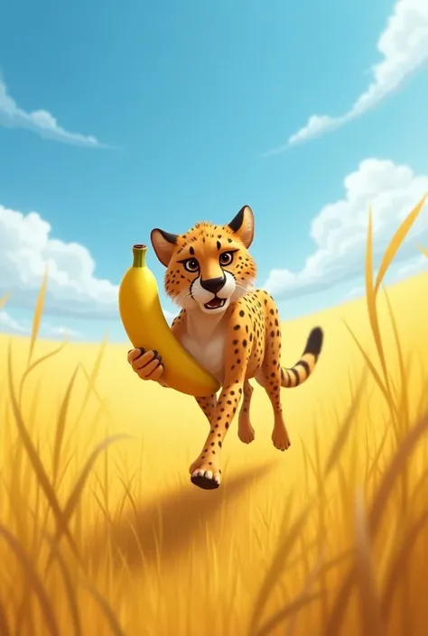 ("Create an image of a sleek, fast-moving cheetah sprinting across a golden savanna, with a large, ripe banana dangling from one of its paws as if it’s carrying it in mid-stride. The cheetah’s spots should contrast with the smooth yellow of the banana, and...