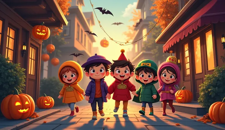 commercial poster in a street with Halloween decorations with several ren dressed up for Halloween who go door to door to houses where residents give candy