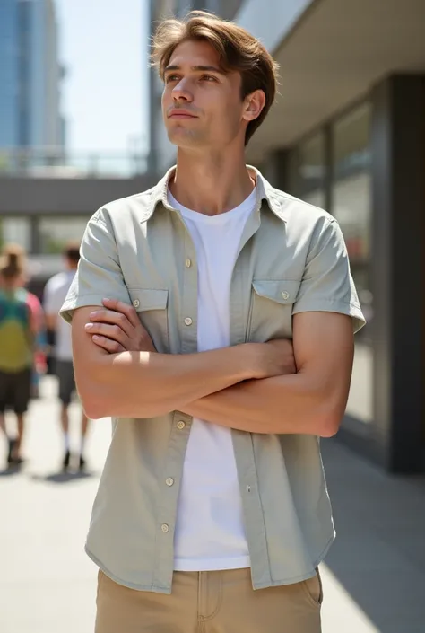  A man with a youthful and attractive appearance .  her hair is light brown ,  casually styled and slightly wavy .  He has a confident and relaxed expression ,  with his arms crossed while looking into the distance .  He wears a light short-sleeved shirt a...