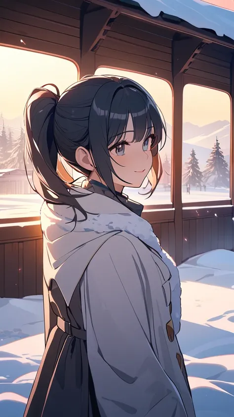 1 girl, ( cute face), ( Ponytail put together at the back:1.2),  fantasy anime costume , Winter outfit,  Medium Chest , Gentle smile,  Pottery Skin , break,  Soft Light , (Mysterious Light:1.4), Dreamy Tones, Flowing Shadows,  fantastic atmosphere , break,...