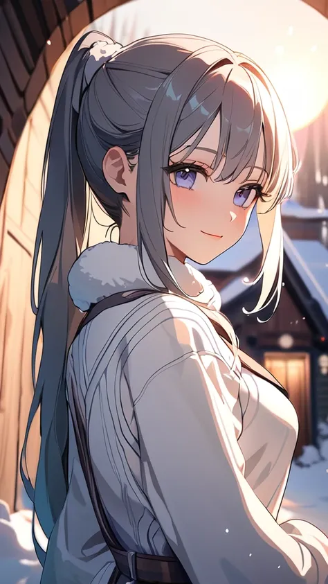 1 girl, ( cute face), ( Ponytail put together at the back:1.2),  fantasy anime costume , Winter outfit,  Medium Chest , Gentle smile,  Pottery Skin , break,  Soft Light , (Mysterious Light:1.4), Dreamy Tones, Flowing Shadows,  fantastic atmosphere , break,...