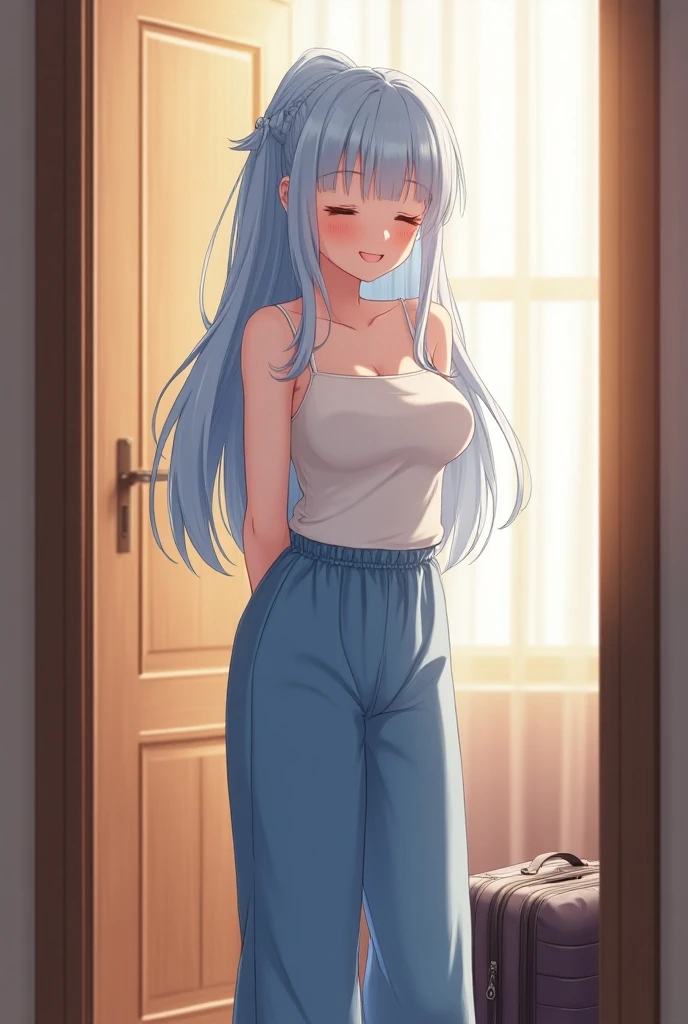 masterpiece, best quality, highly detailed, insanely detailed,8k, absurdres, attractive, 
indoor,in room entrance,
a cute anime girl with big tits , , large breasts, collarbone, bangs,(((lightblue longhair))),wear camisole and culottes,
,there is travel ba...