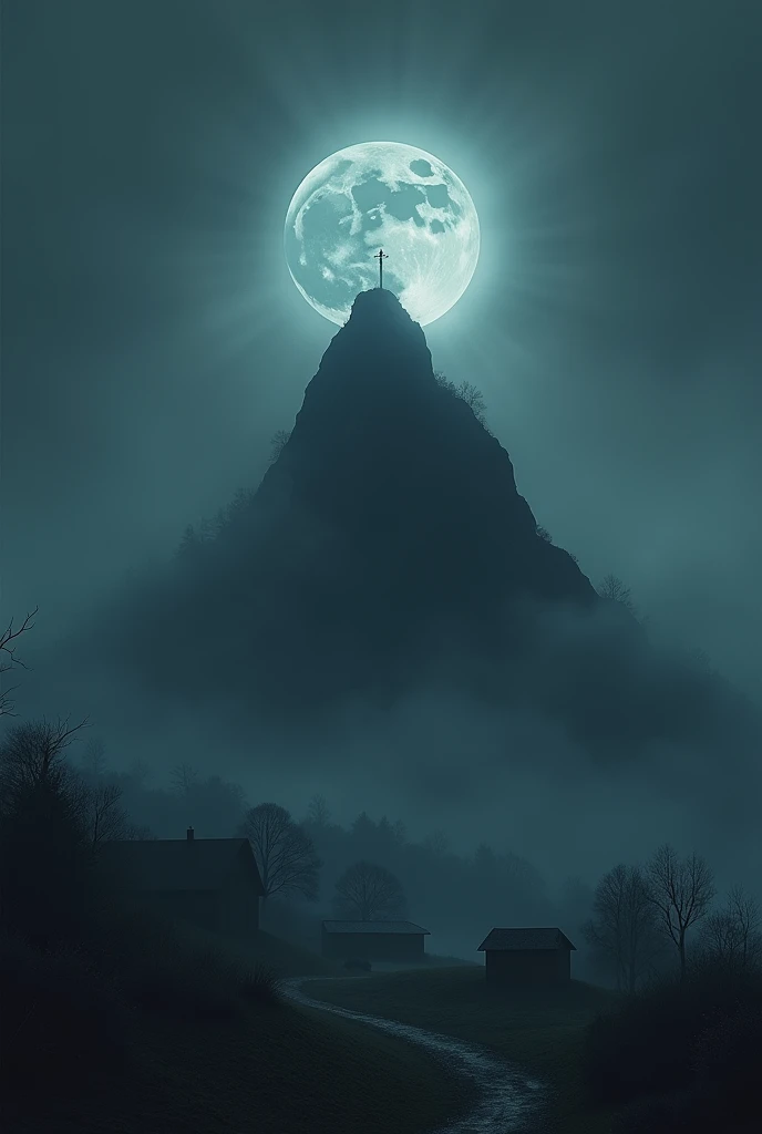 A creepy dark hill full of night fog with a lunar eclipse just below the hill there is a small settlement 