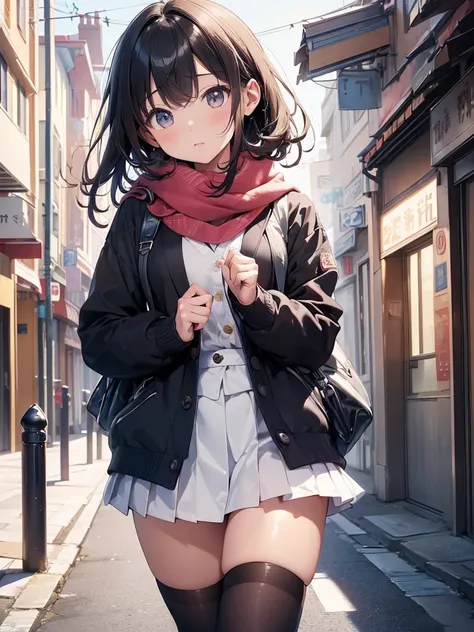 (((masterpiece,  Hi-Res, Best Quality,  anatomically correct,  high detail ,  Ultra High Definition,)))、kawaii、JK、Winter uniform、Around town、Cardigan、scarf、Put your fingers on a scarf 、scarf with a harpoon、（Looking up）、My cheeks turn bright red 、 short ski...