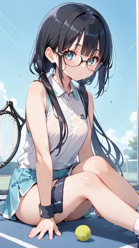 Black Hair, long hair,Pigtails,Glasses, tennis wear,Sweaty,fatigue,Sit down,