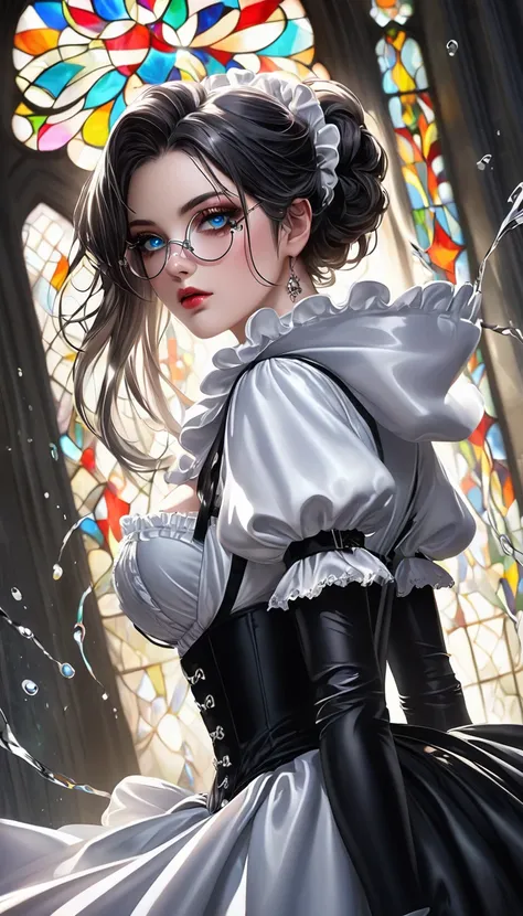 conceptual installation tarot card horror fantasy art, cool beauty, white shiny silky disheveled half updo, make up, amorous and lewd expression, captivating eyes, silver round shaped monocle, cortesy, elegance, dignity, curvaceous, wearing black and white...