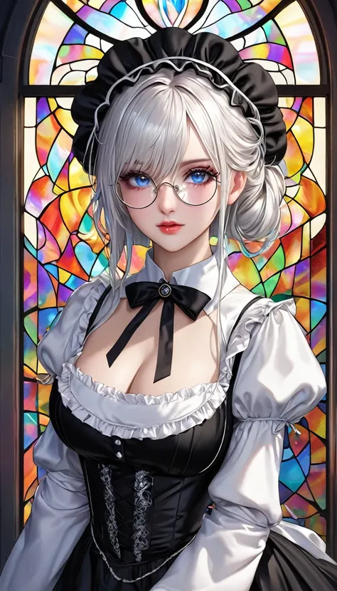 cool beauty, white shiny silky disheveled half updo, make up, amorous and lewd expression, captivating eyes, silver round shaped monocle, cortesy, elegance, dignity, curvaceous, wearing black and white hooded coat Northern Renaissance Gothic style maid out...