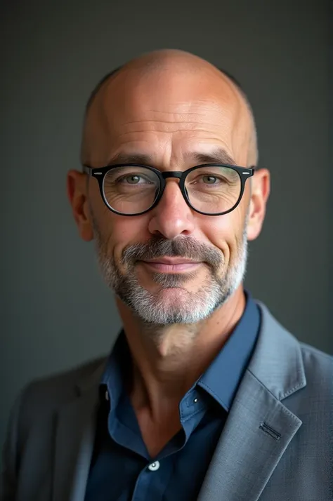 realistic photo, man between 35 and 40 years old, round face, white skin, without wrinkles, handsome, smooth and well-groomed skin, wearing discreet glasses, bald