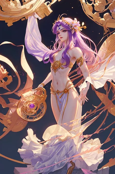 An extremely beautiful boy, more beautiful than all the beauty queens, with long orchid purple hair, is the supreme goddess of Cancer zodiac. Wearing an girly silk strip ancient Greek costume that accentuates the perfect beauty of a woman despite being a b...